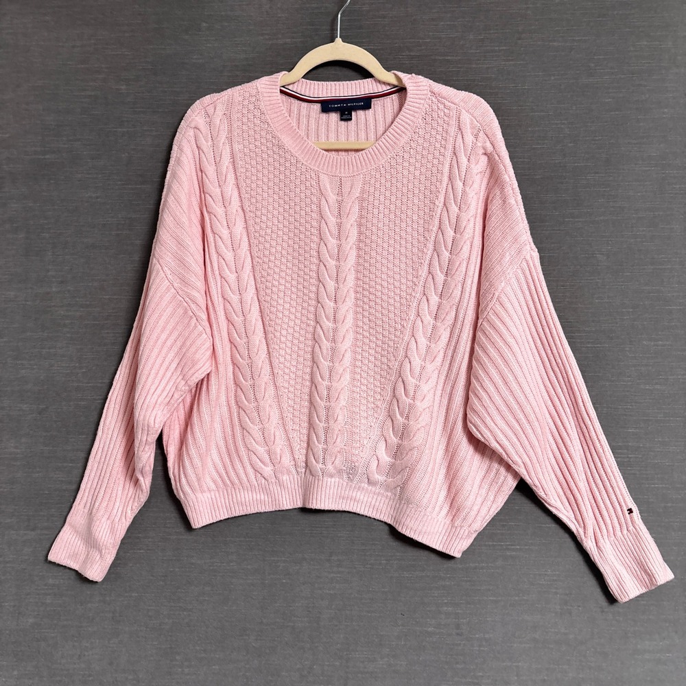 Tommy Hilfiger Sweater M Baby Pink Relaxed Cable Knit Ribbed Pullover Preppy